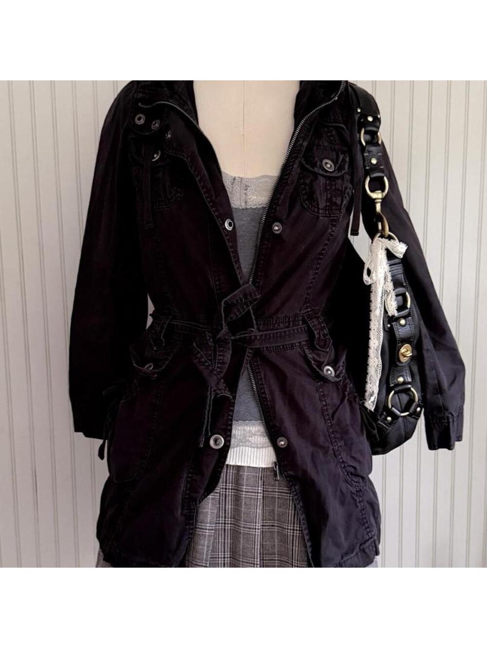 Utility Core Black Hooded Anorak Jacket Cinched Waist D Pulse